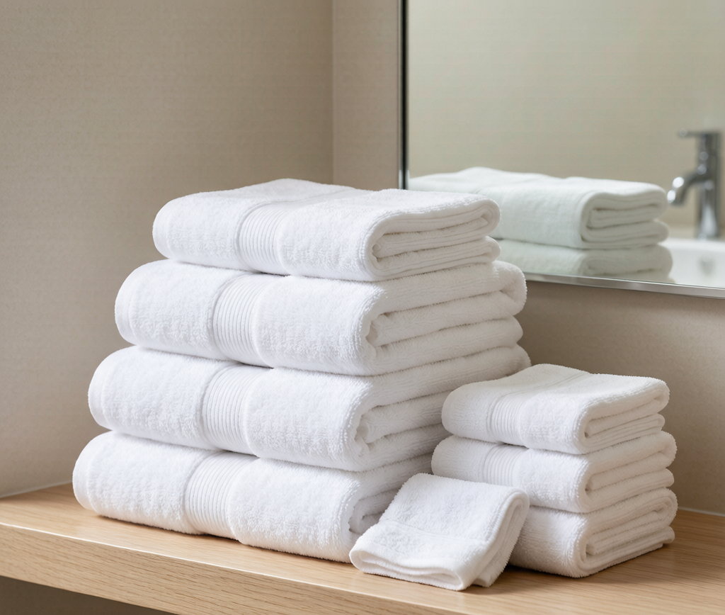 Stacked premium white hotel bath towels