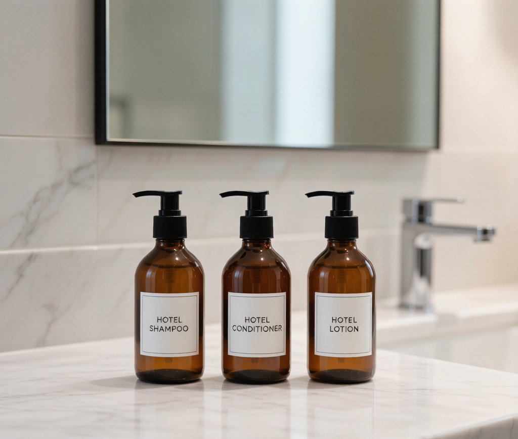 Hotel bath amenities — shampoo, conditioner and body lotion dispensers