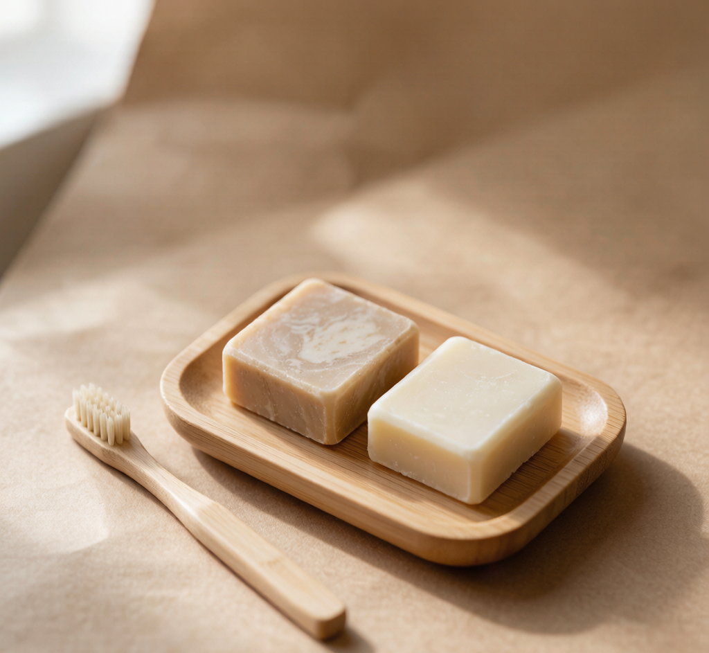 Solid amenity kit with soap bar and bamboo toothbrush